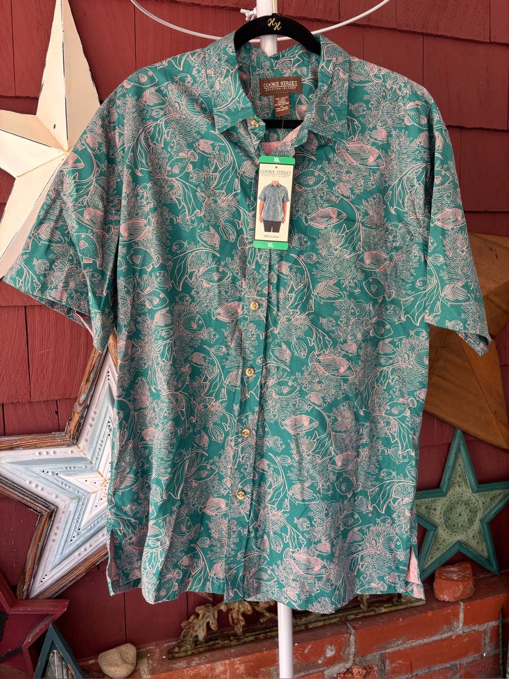 NWT Cooke Street Honolulu Hawain Button Up Tropical Fish Coral Shirt Green Sz XL